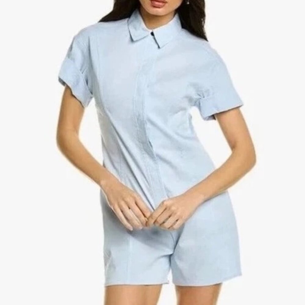 Theory Womens Light Blue Collared Short Sleeve Romper Smocked Back Size 4